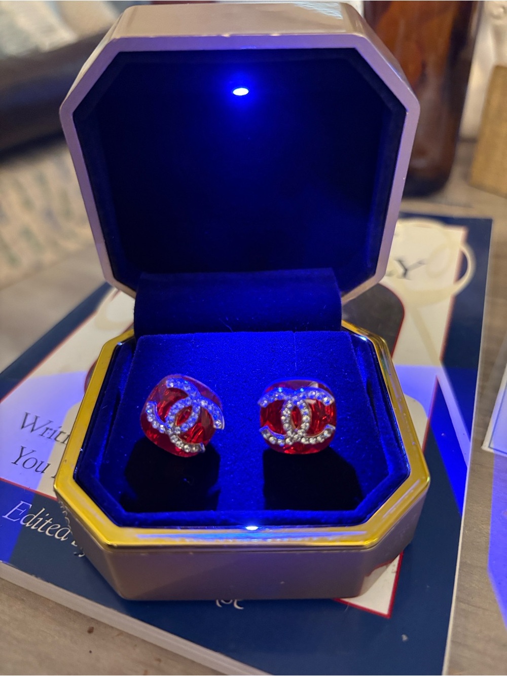 Designed  Chanel Red Crystal CC Logo Stud Earrings WITH CLEAR RHINESTONES
